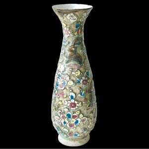 Antique Persian Vase Qajar Dynasty Rabbits Floral Tall Vase Ceramic Pottery